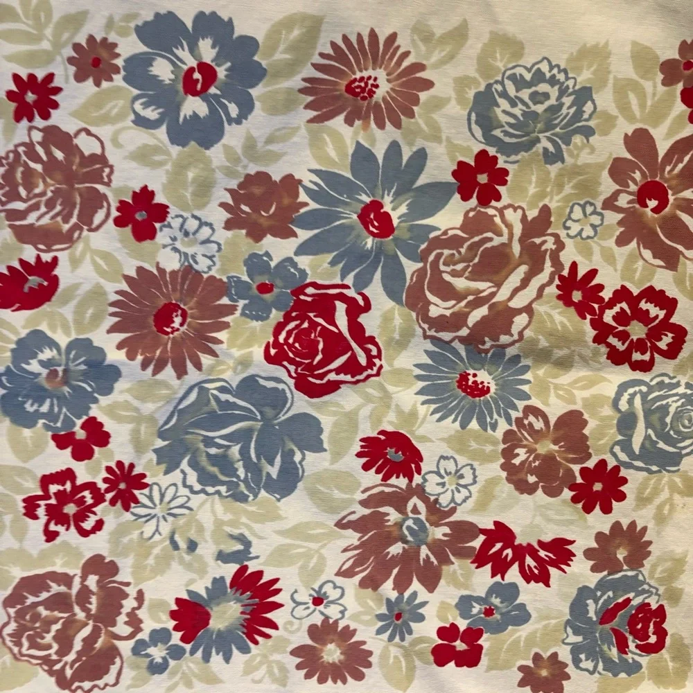 Vintage Mid Century Floral Tablecloth Red Blue 48x58 Cottagecore